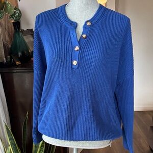 MONK & LOU Cobalt Blue Button Front Women's Knit Sweater M